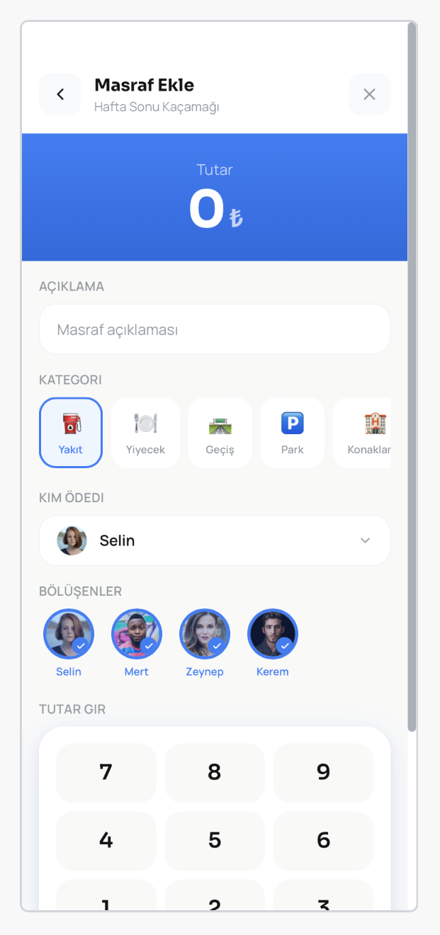 Masraf bölüşme ekranı